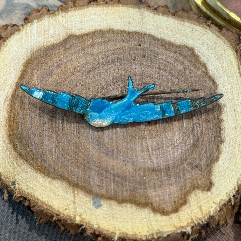 ANTIQUE Enamel Blue Bird Brooch Capri Color Enamel Long Swallow Victorian As‎ Is